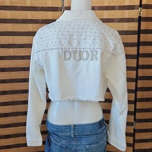 READ!! Custom made pearls & diamond crop jean jacket NWOT